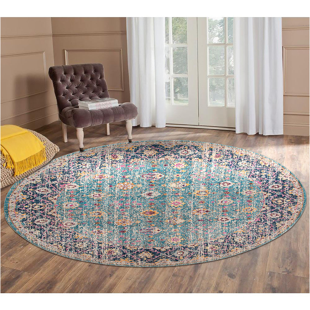 6' Blue and Orange Round Floral Power Loom Distressed Area Rug
