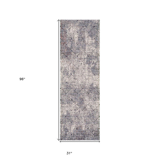 8' Gray and Ivory Abstract Power Loom Runner Rug