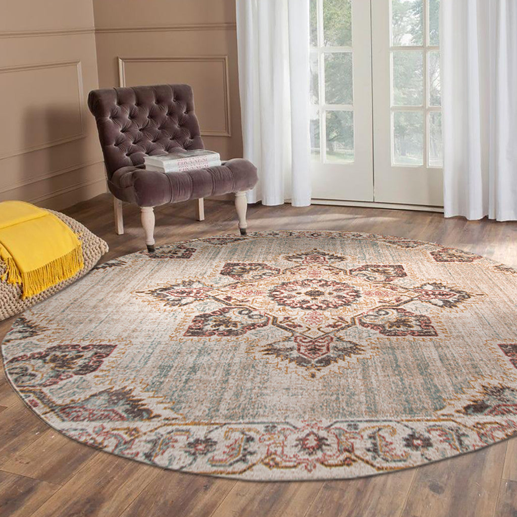 6' Beige Round Medallion Power Loom Area Rug With Fringe