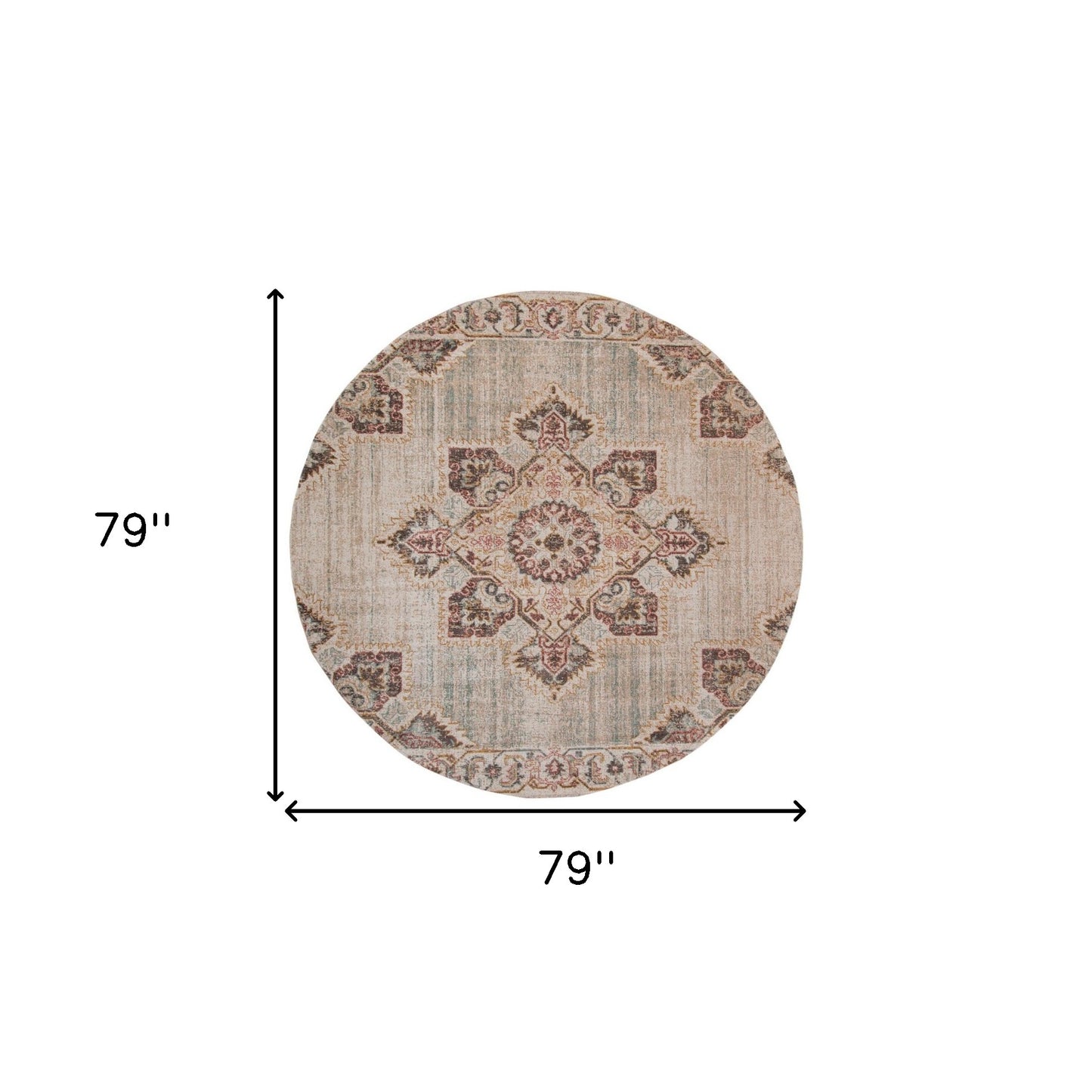 6' Beige Round Medallion Power Loom Area Rug With Fringe