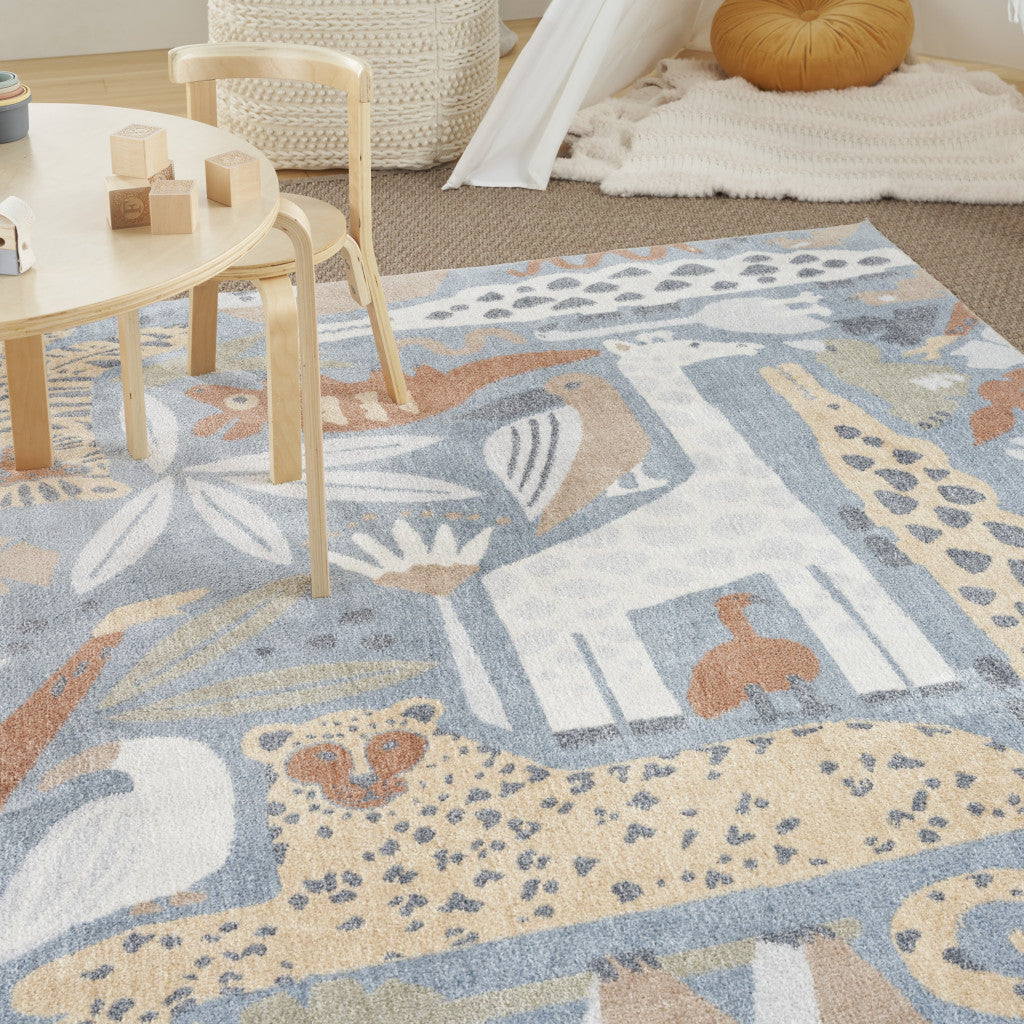 5' x 7' Ivory Blue and Gray Kids Jungle Animal Print Washable Area Rug