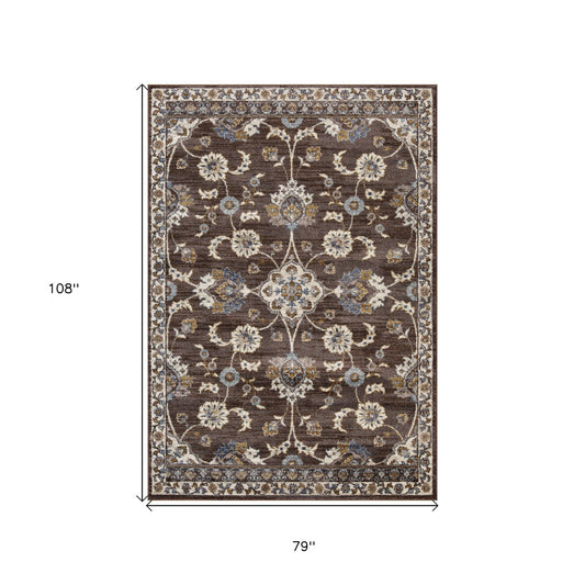 6' x 9' Brown Floral Power Loom Area Rug With Fringe