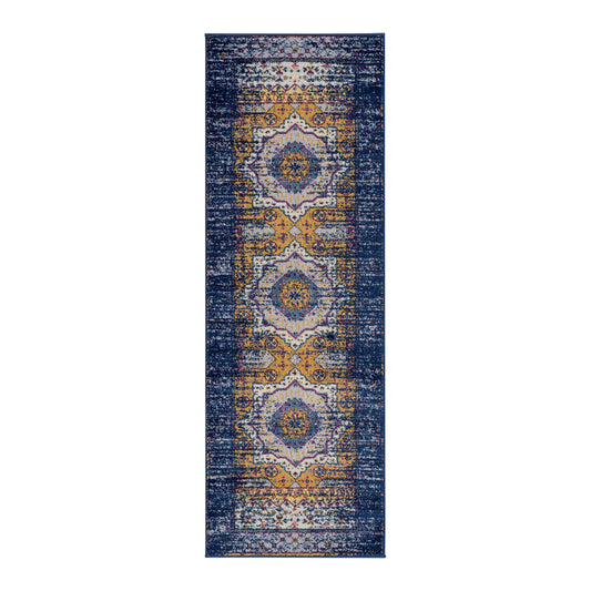 7' Blue and Orange Medallion Power Loom Runner Rug