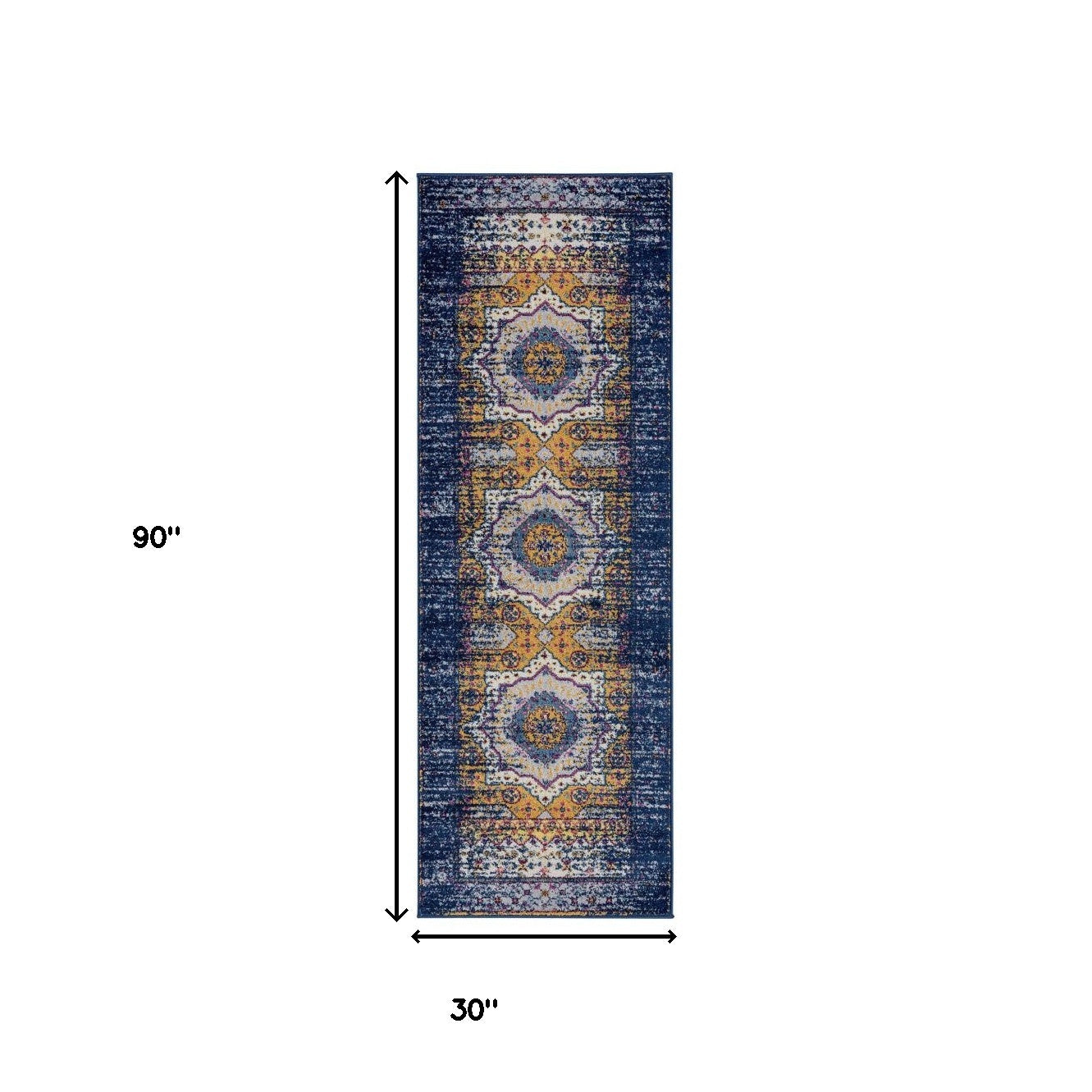 7' Blue and Orange Medallion Power Loom Runner Rug