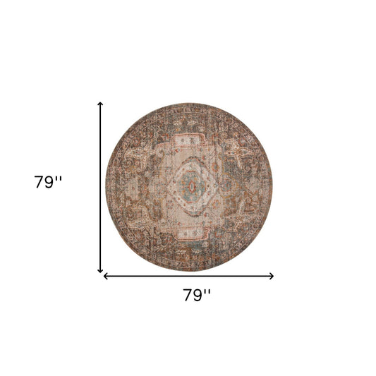 6' Taupe Round Medallion Power Loom Area Rug With Fringe