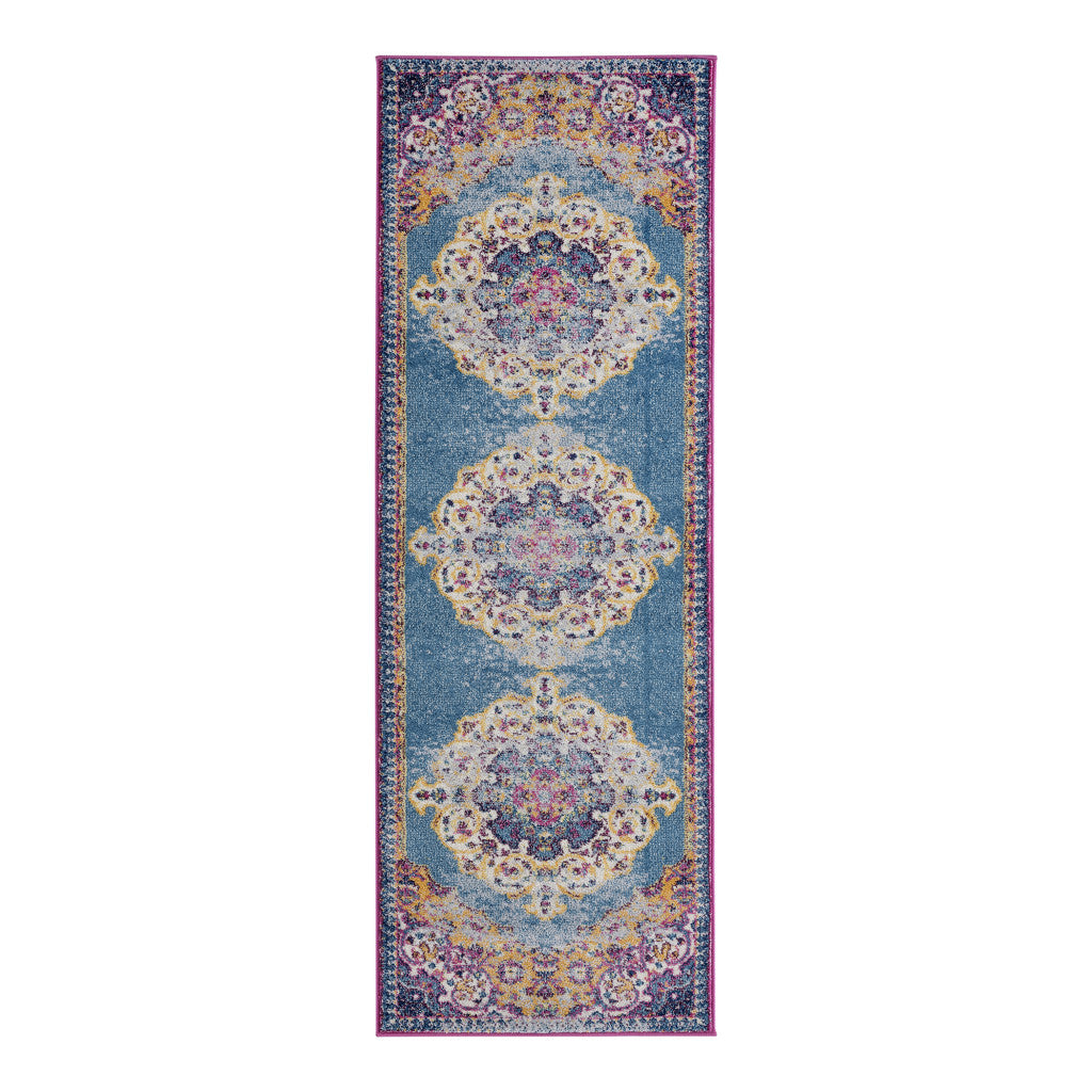 7' Blue and Orange Medallion Power Loom Runner Rug