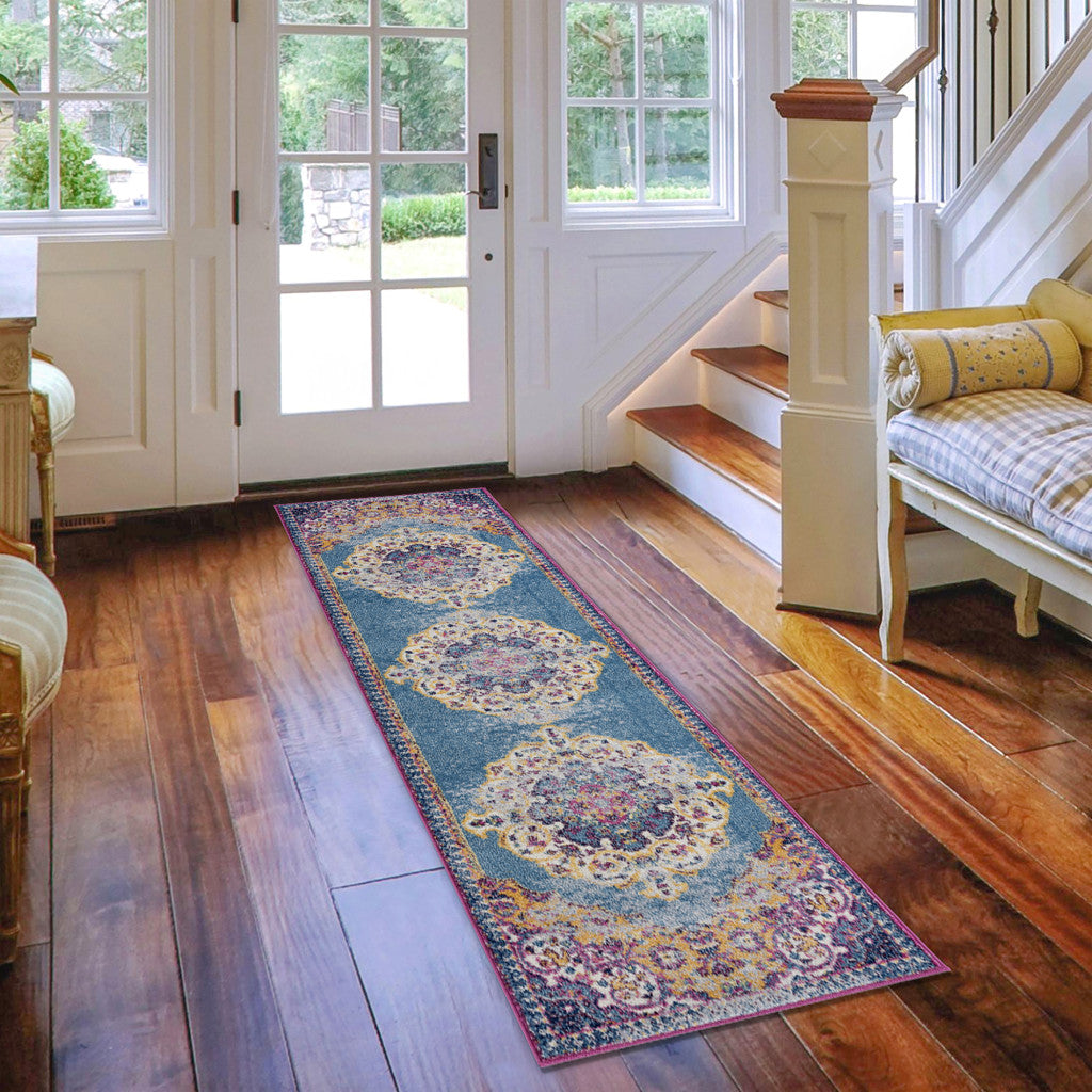 7' Blue and Orange Medallion Power Loom Runner Rug