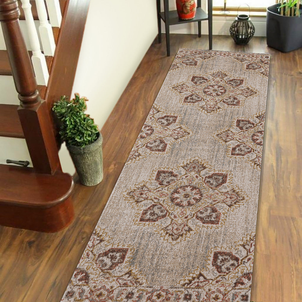 7' Beige Medallion Power Loom Runner Rug With Fringe