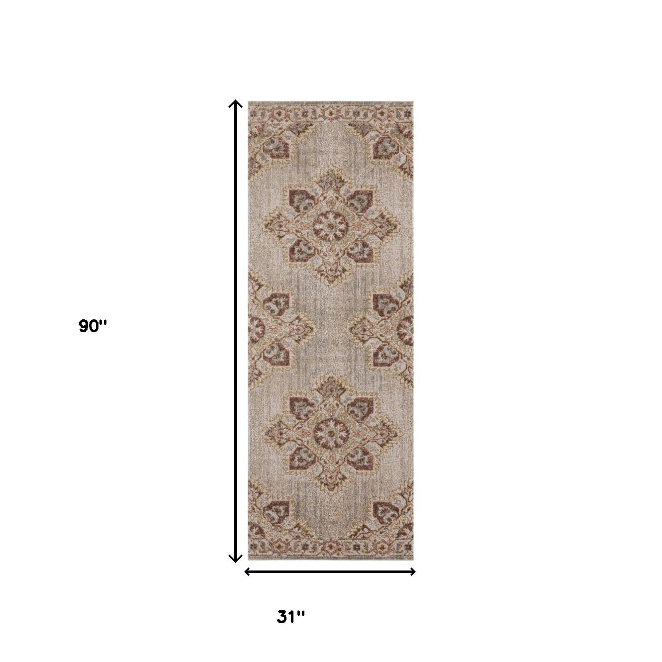 7' Beige Medallion Power Loom Runner Rug With Fringe