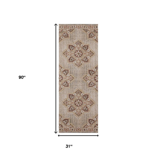 7' Beige Medallion Power Loom Runner Rug With Fringe