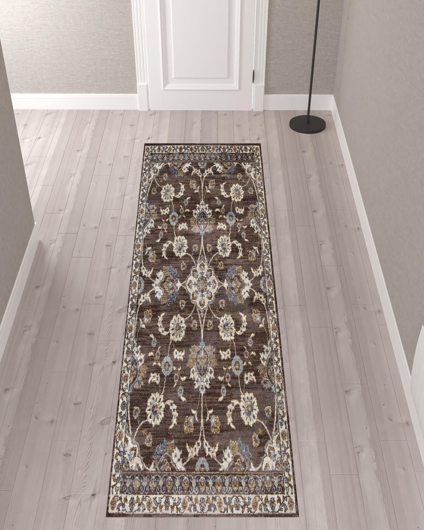 10' Brown Floral Power Loom Runner Rug With Fringe