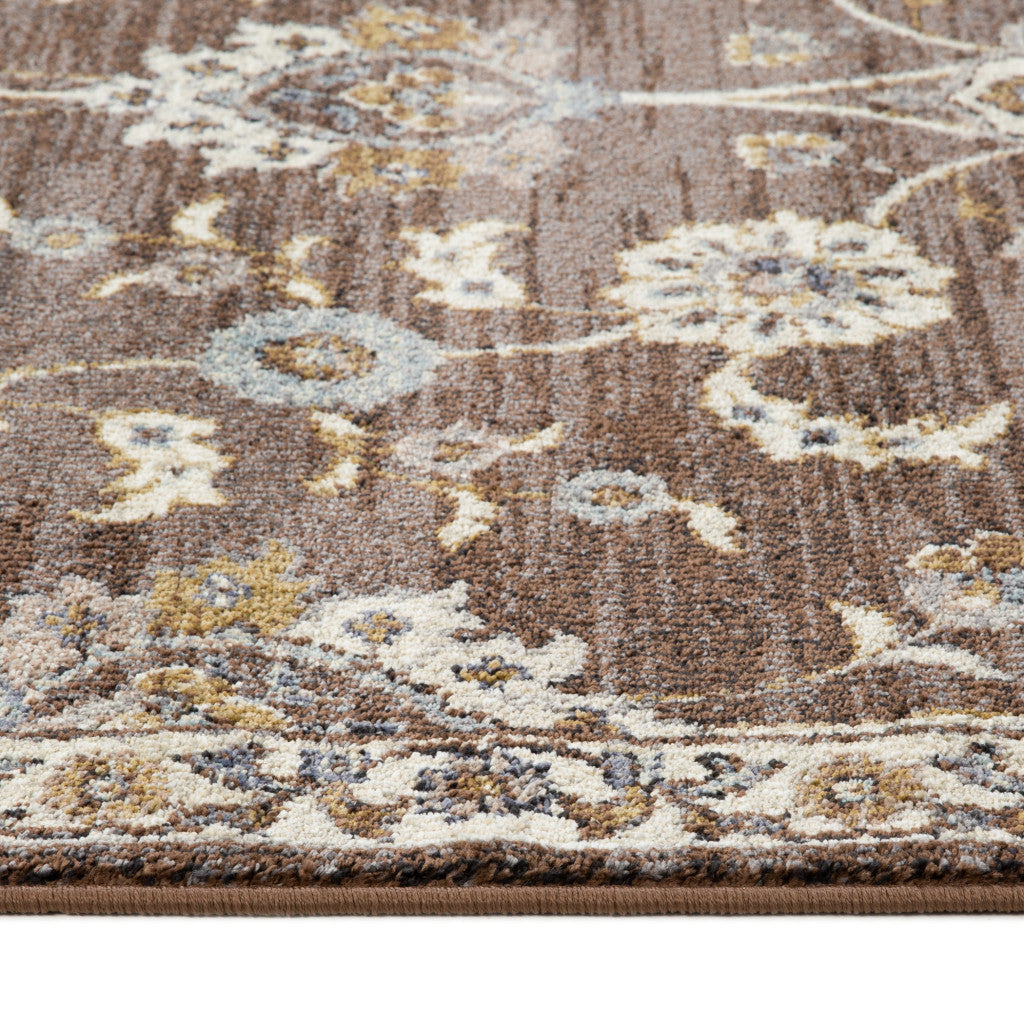 10' Brown Floral Power Loom Runner Rug With Fringe