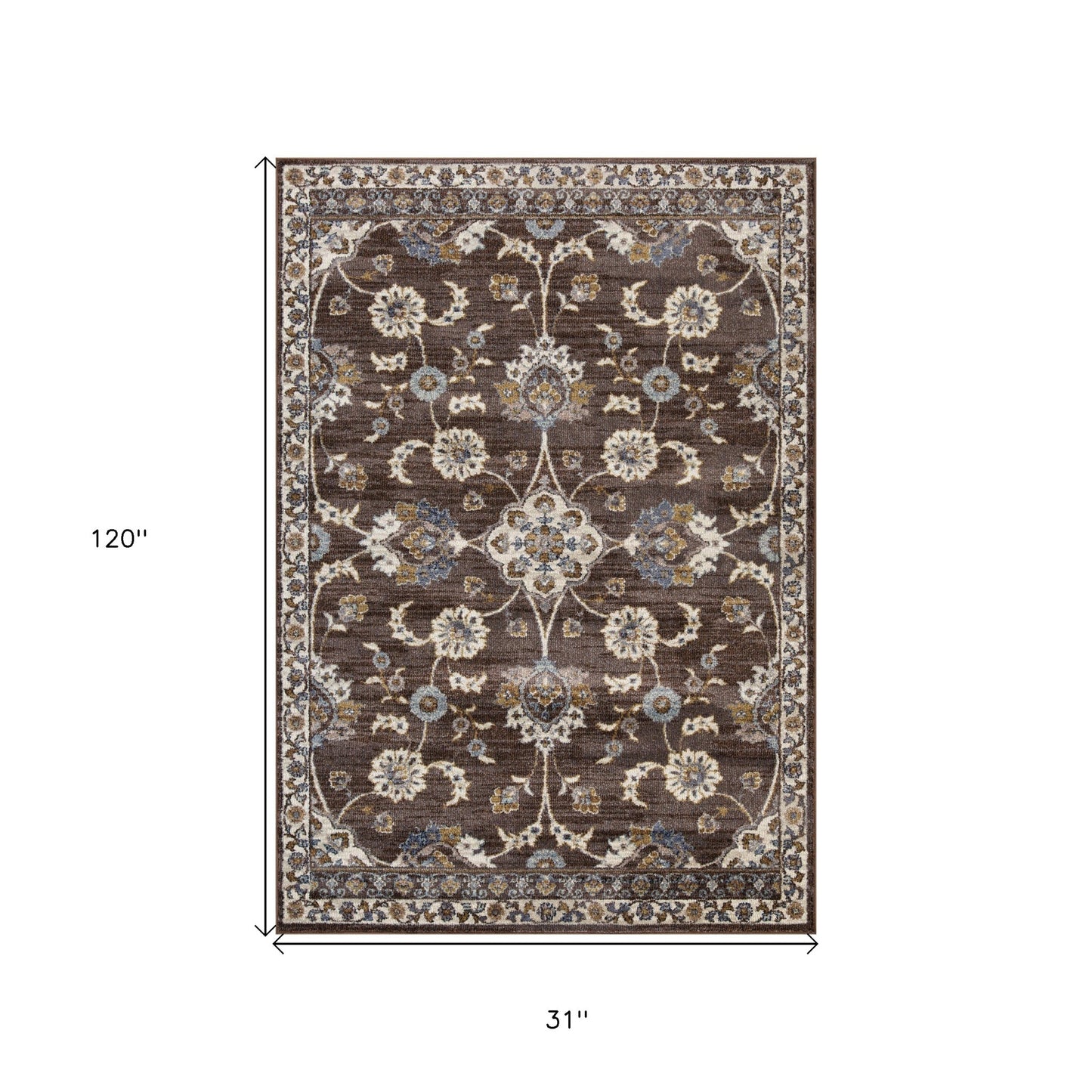 10' Brown Floral Power Loom Runner Rug With Fringe