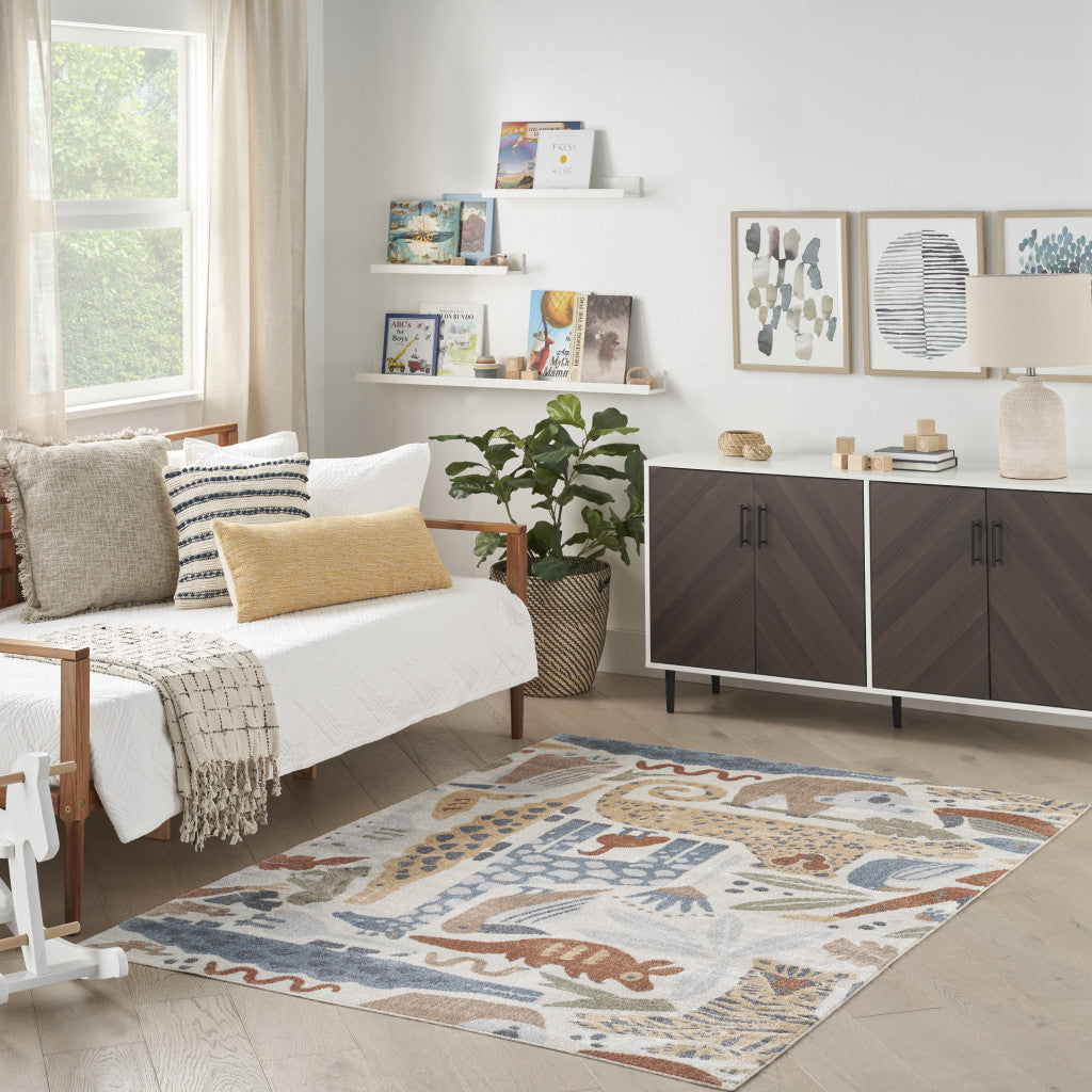 5' x 7' Ivory Blue and Gray Animal Print Washable Area Rug