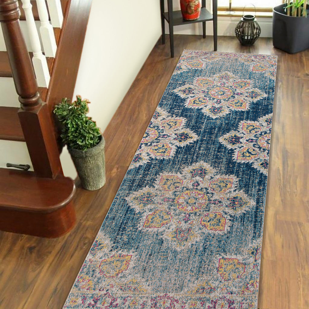 7' Teal Blue Medallion Power Loom Runner Rug With Fringe