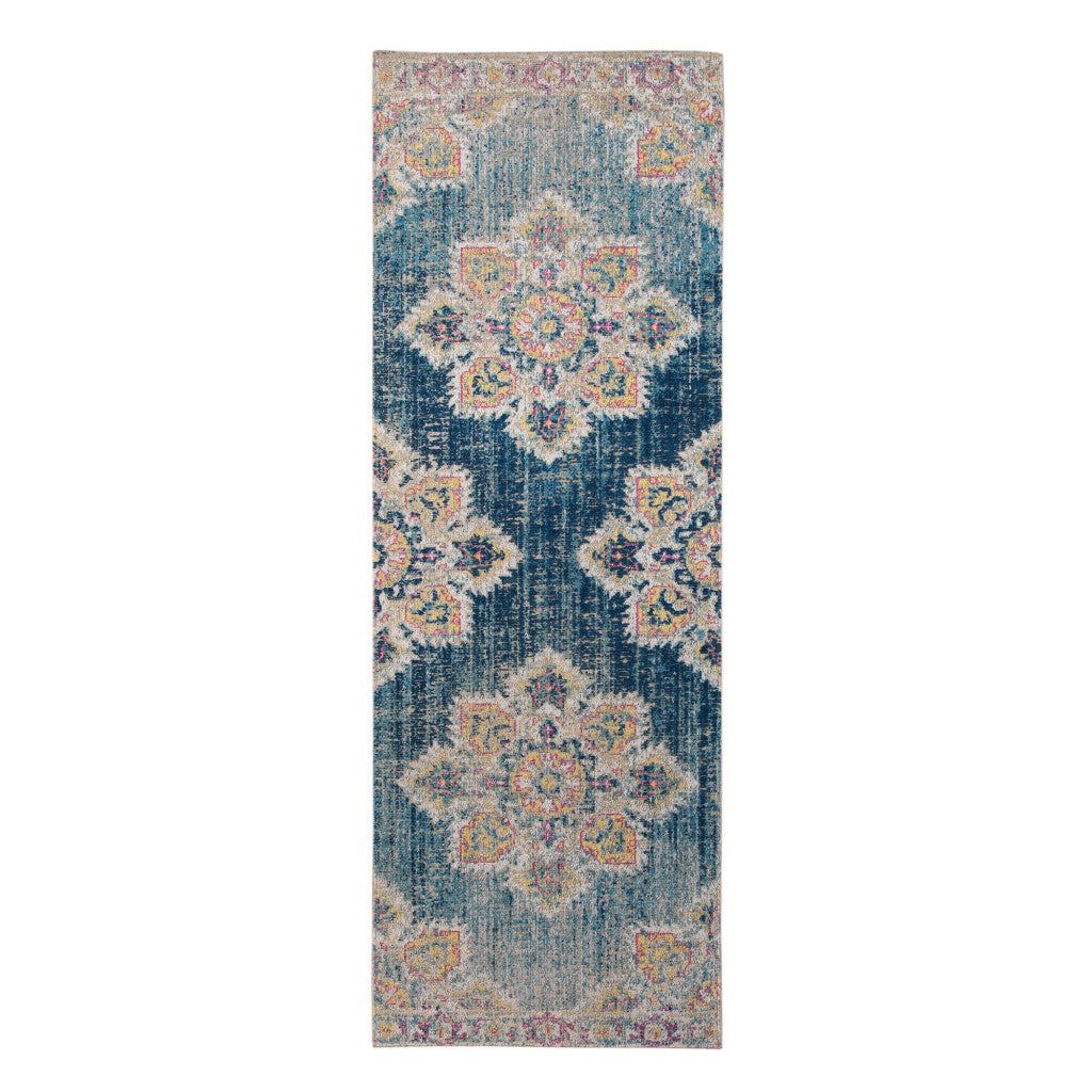 7' Teal Blue Medallion Power Loom Runner Rug With Fringe