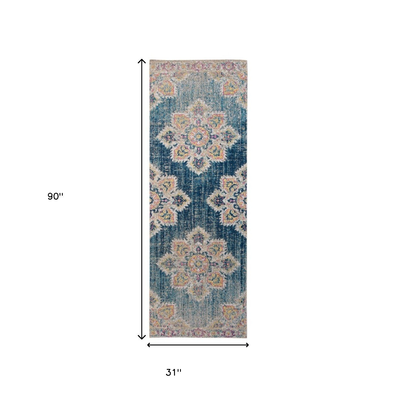 7' Teal Blue Medallion Power Loom Runner Rug With Fringe