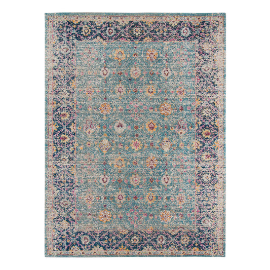 9' x 12' Teal Blue Floral Power Loom Area Rug With Fringe