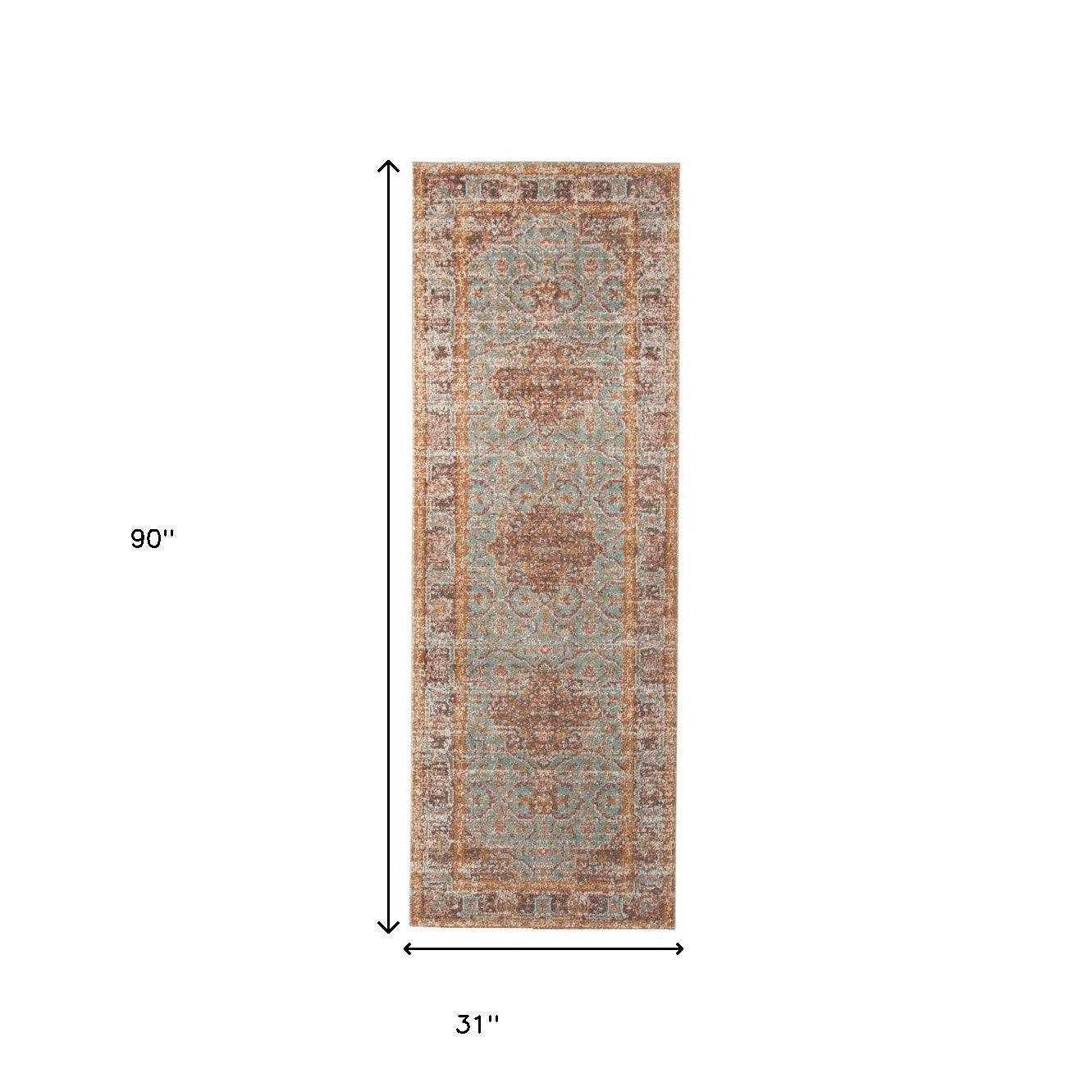 7' Sea Green Medallion Power Loom Runner Rug With Fringe