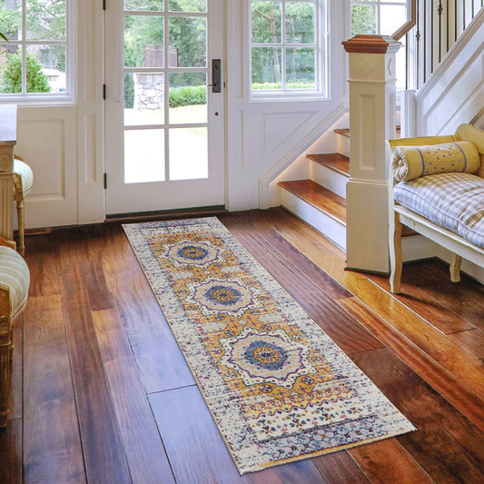 7' Orange and Ivory Medallion Power Loom Runner Rug