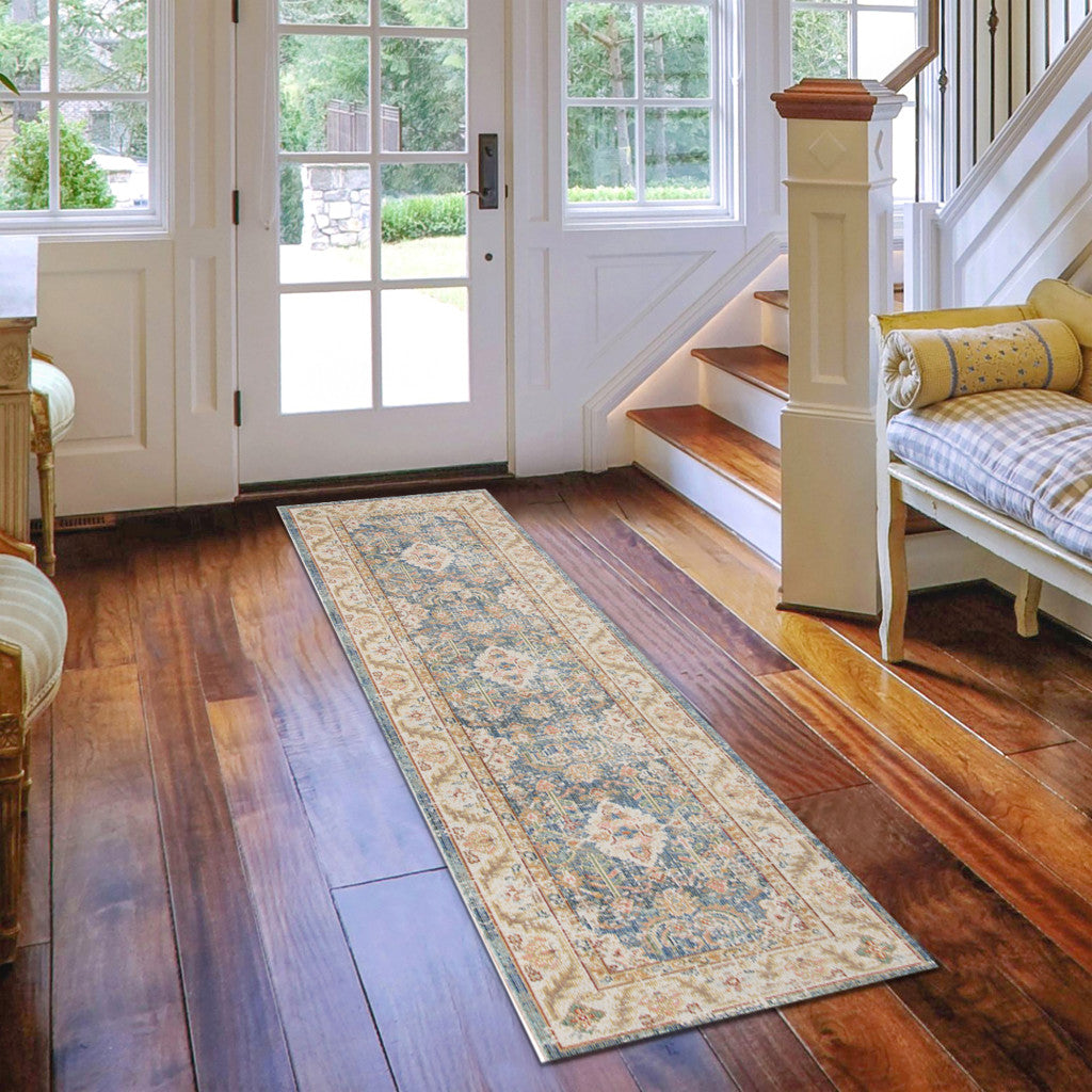 8' Blue Floral Power Loom Runner Rug