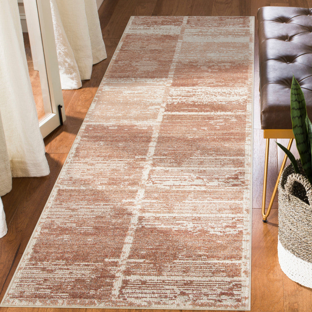 10' Sand Geometric Power Loom Runner Rug With Fringe
