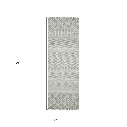 8' Gray Geometric Flatweave Handmade Distressed Runner Rug With Fringe