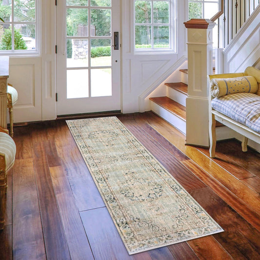 8' Sea Green Medallion Power Loom Runner Rug