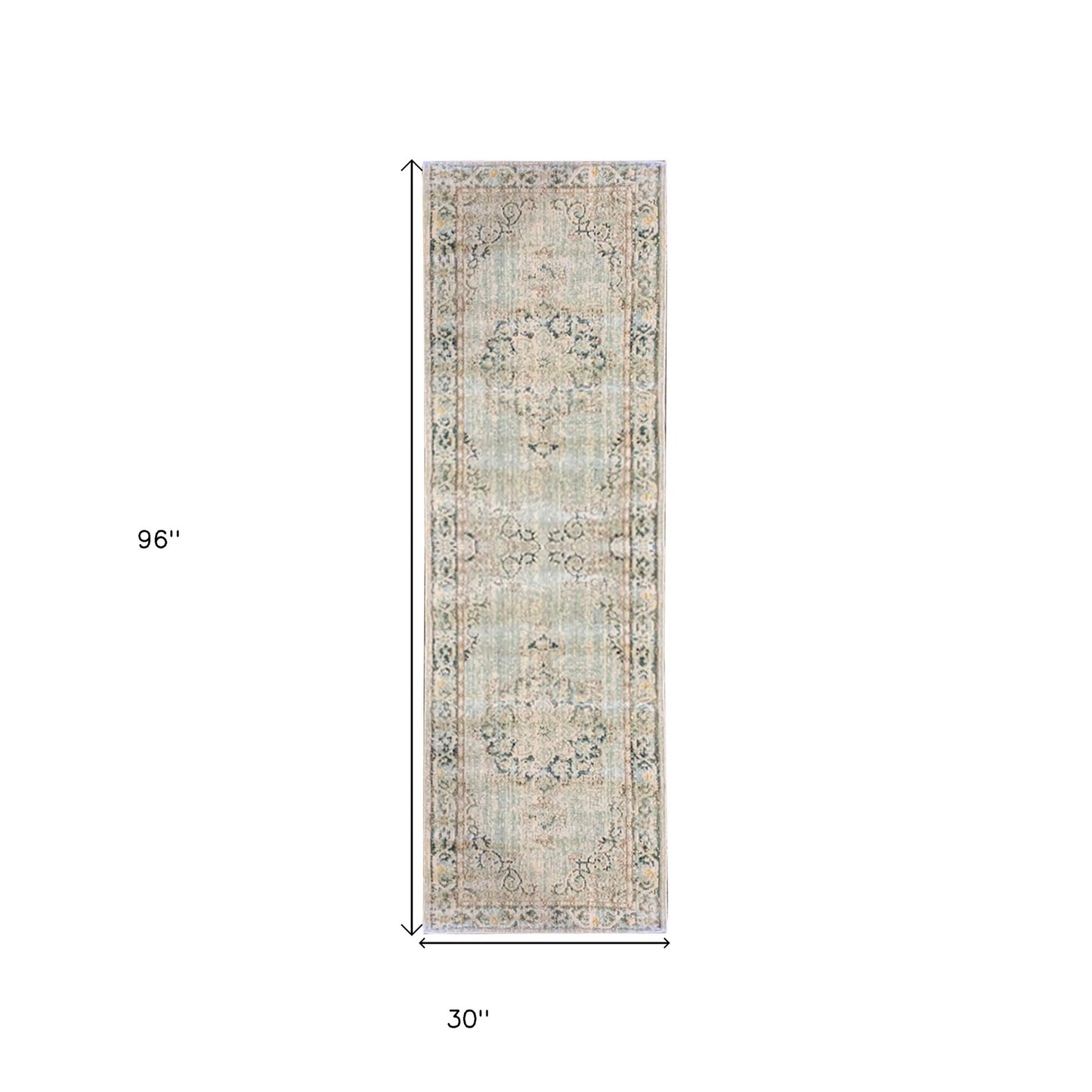 8' Sea Green Medallion Power Loom Runner Rug