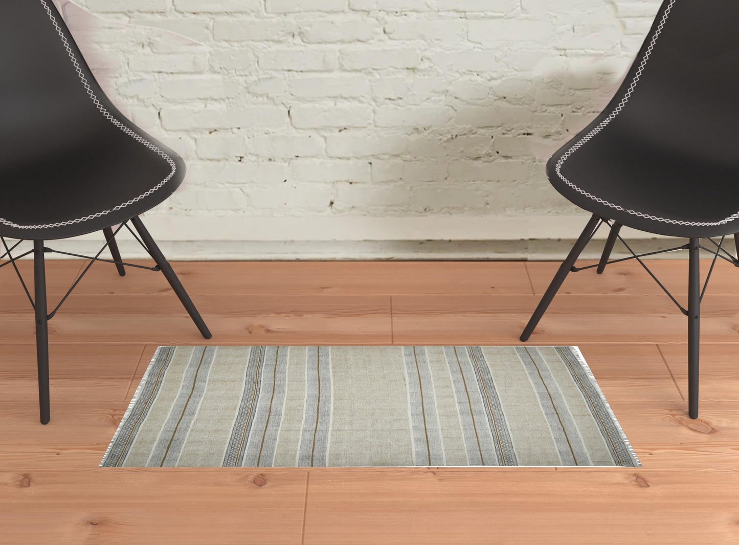 2' x 3' Blue and Brown Geometric Flatweave Handmade Distressed Area Rug with Fringe