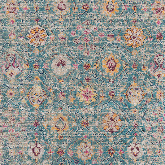 5' x 7' Teal Blue Floral Power Loom Area Rug With Fringe