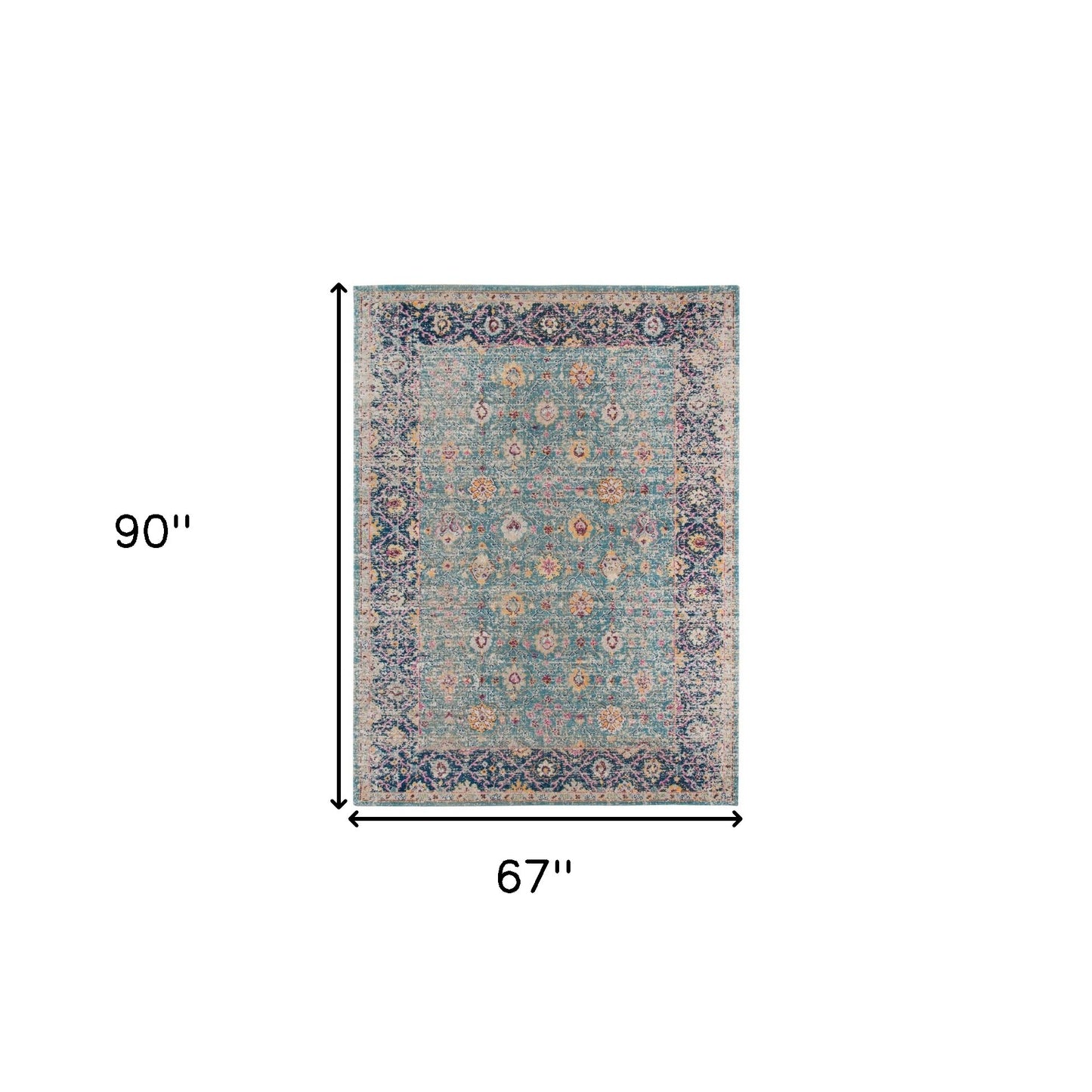 5' x 7' Teal Blue Floral Power Loom Area Rug With Fringe