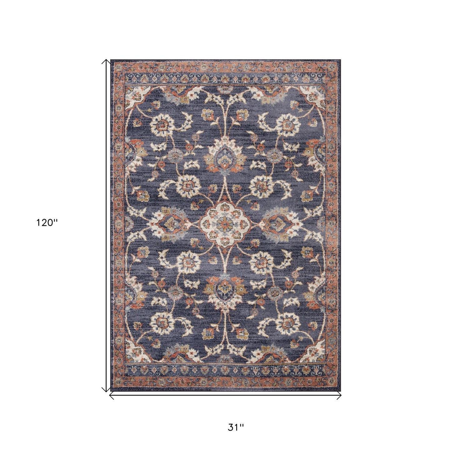 10' Navy Blue Floral Power Loom Runner Rug With Fringe