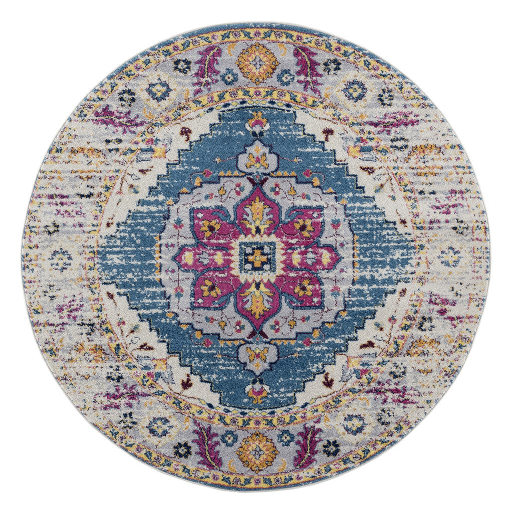 6' Blue and Pink Round Medallion Power Loom Area Rug