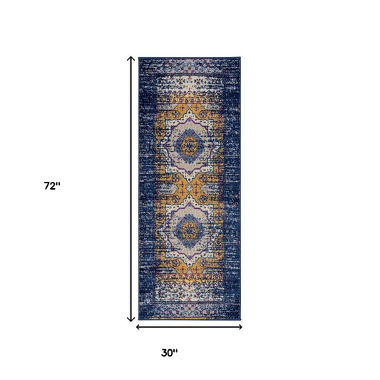 6' Blue and Orange Medallion Power Loom Runner Rug