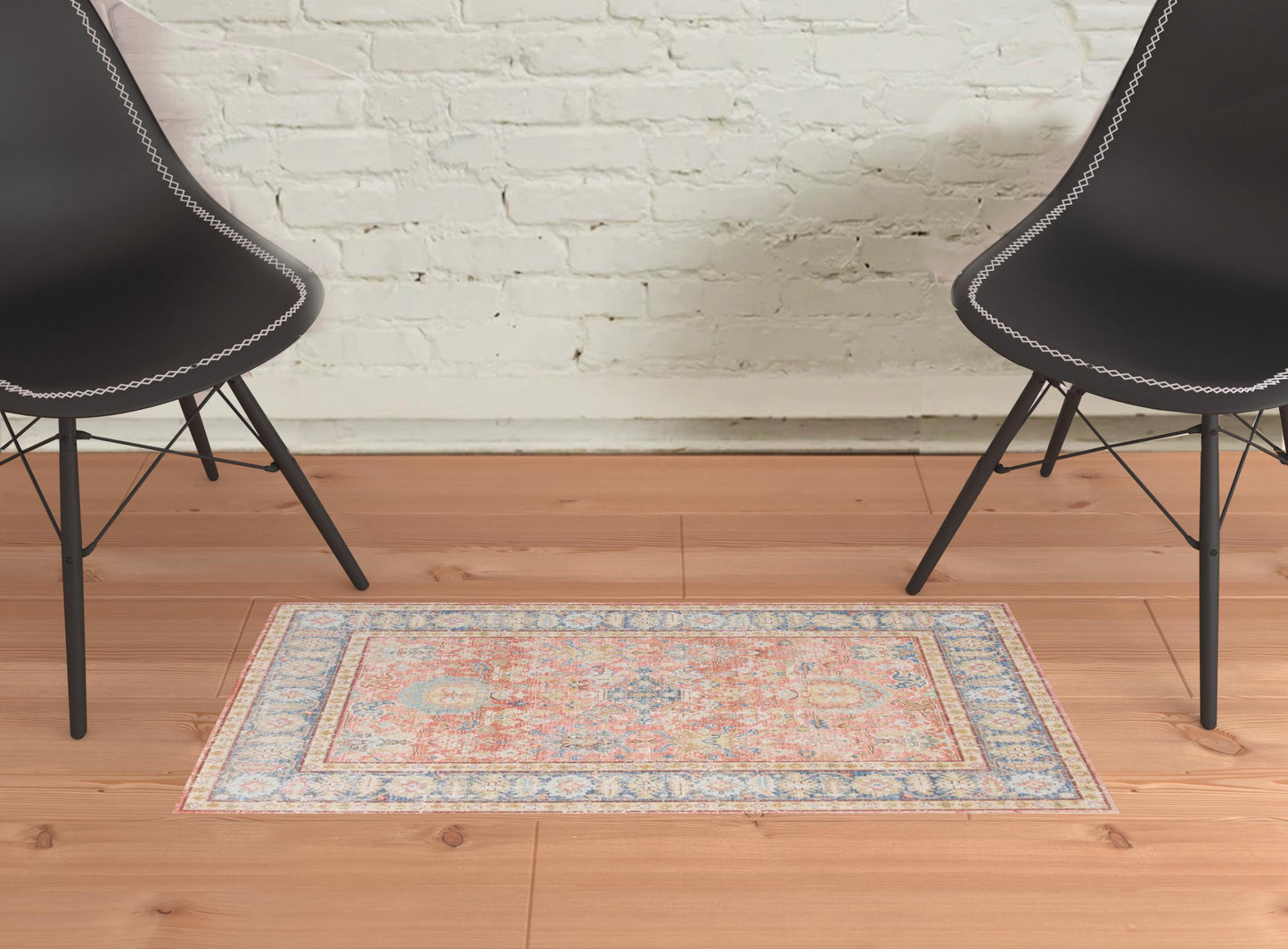 2' x 3' Blue and Pink Oriental Power Loom Distressed Area Rug