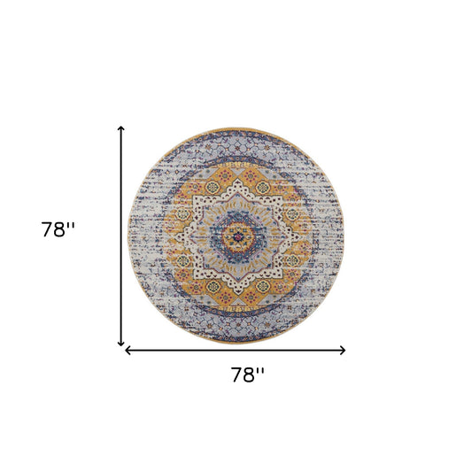 6' Orange and Ivory Round Medallion Power Loom Area Rug