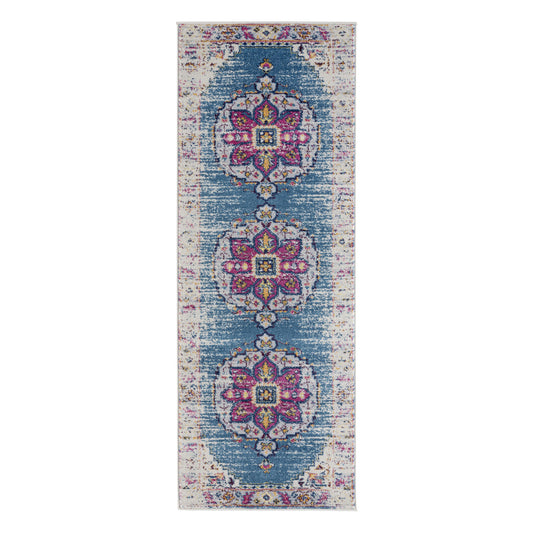 7' Blue and Pink Medallion Power Loom Runner Rug