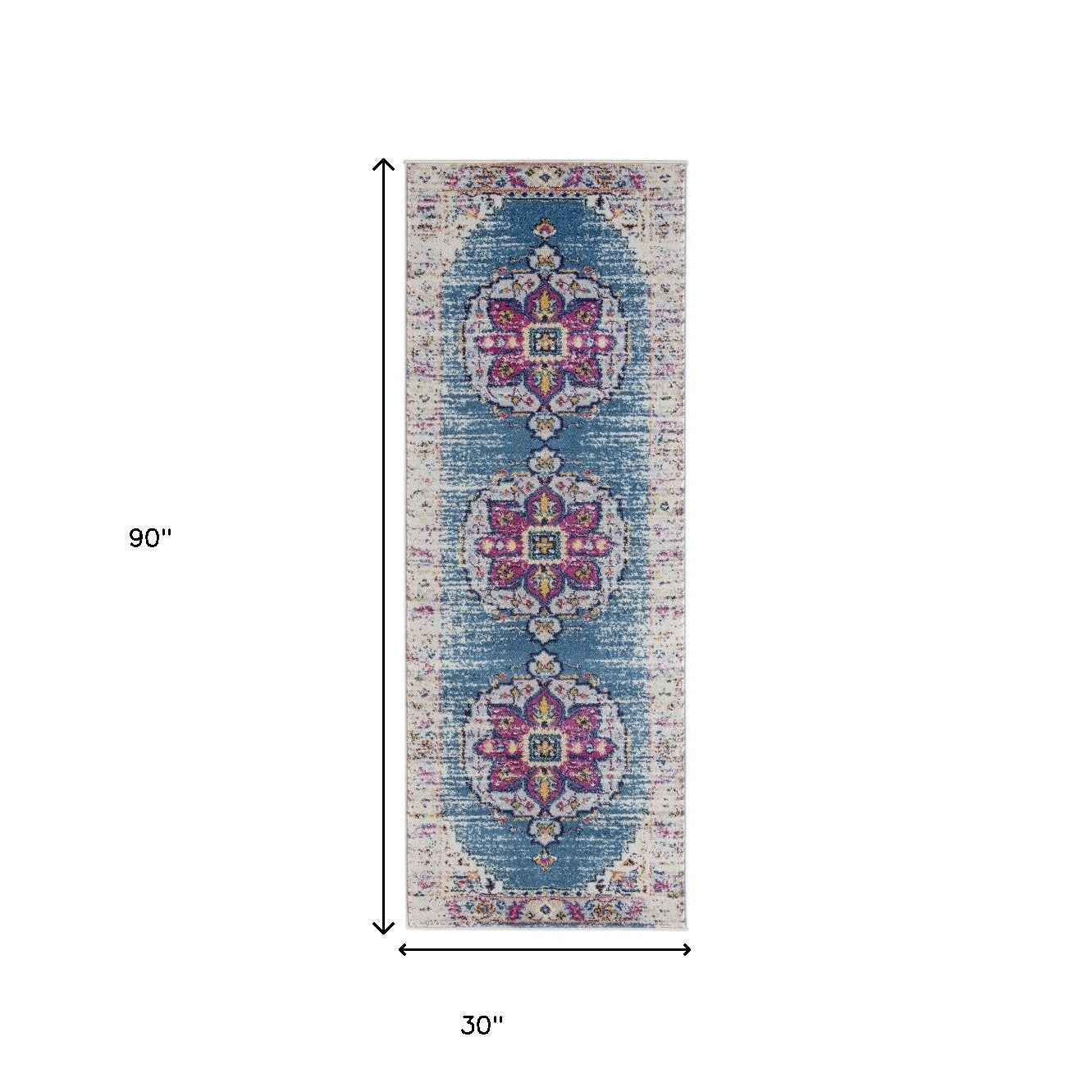 7' Blue and Pink Medallion Power Loom Runner Rug