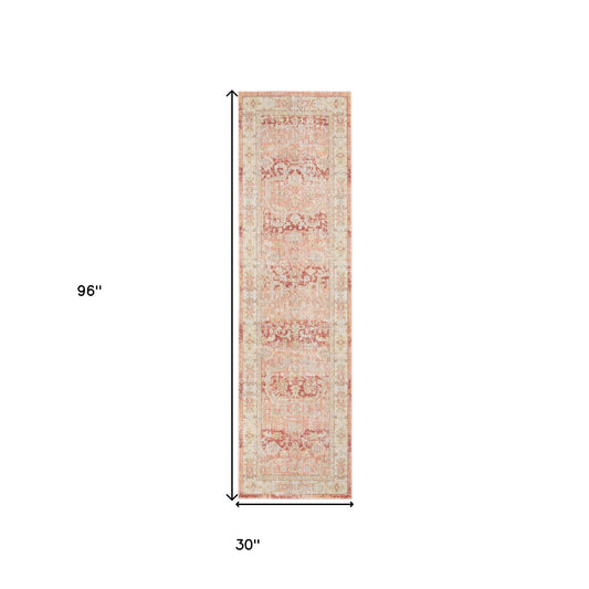 8' Salmon Floral Power Loom Runner Rug