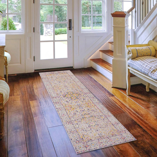 7' Yellow and Ivory Oriental Power Loom Runner Rug With Fringe