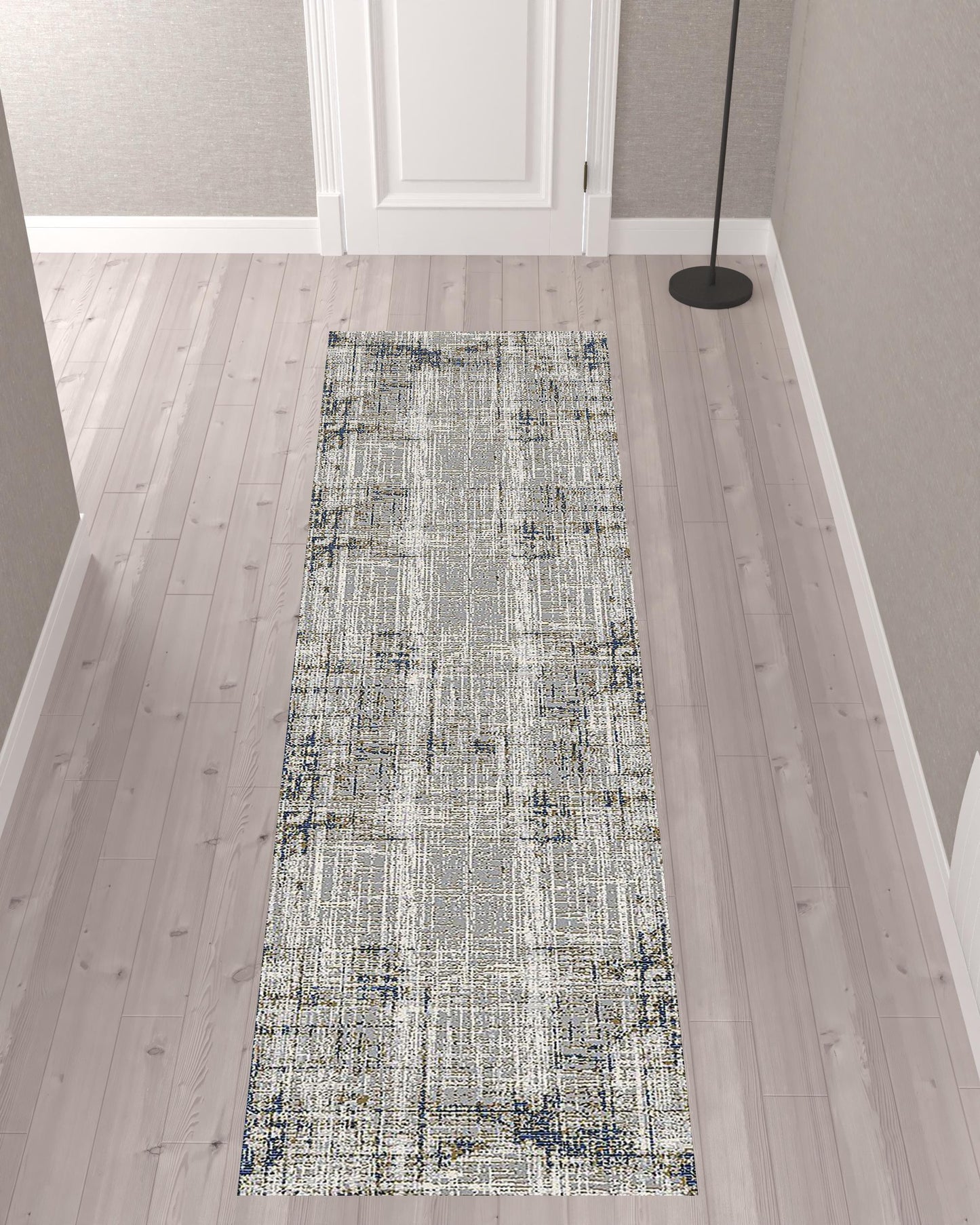 10' Gray and Gold Abstract Power Loom Runner Rug