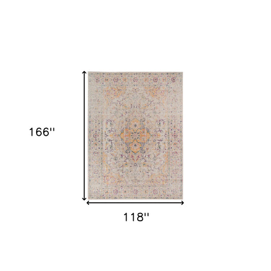10' x 14' Yellow and Ivory Oriental Power Loom Distressed Area Rug