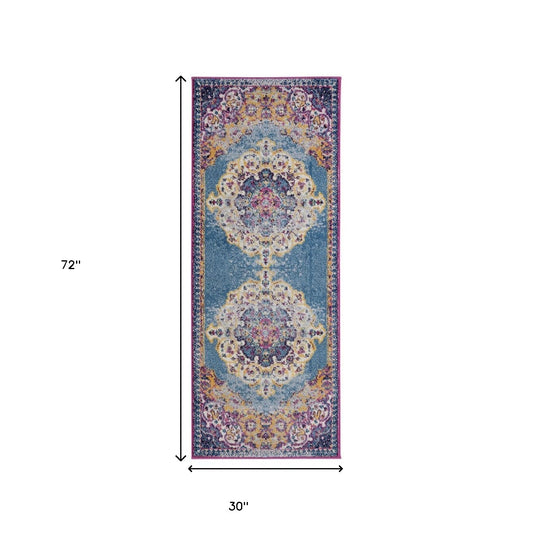 6' Blue and Orange Medallion Power Loom Runner Rug