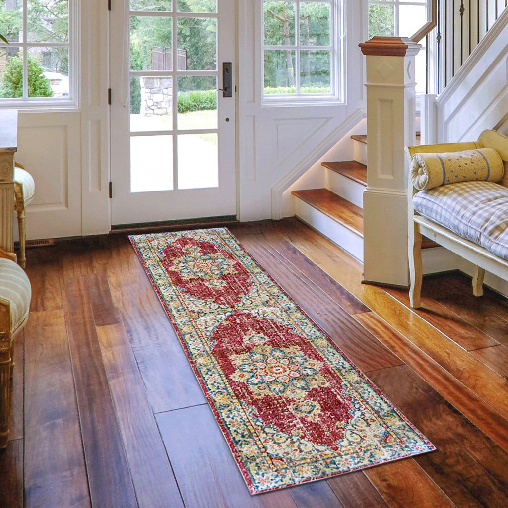 8' Red Medallion Power Loom Runner Rug
