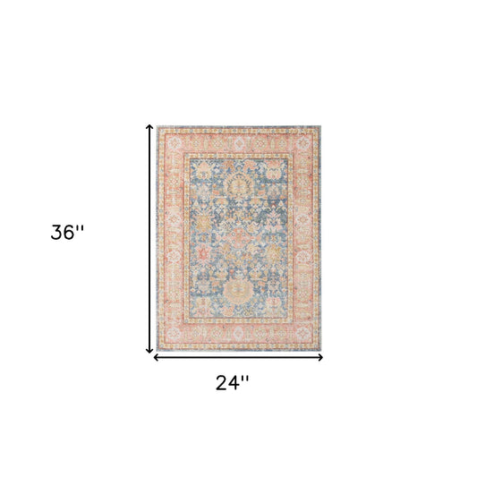 2' x 3' Blue and Pink Oriental Power Loom Distressed Area Rug