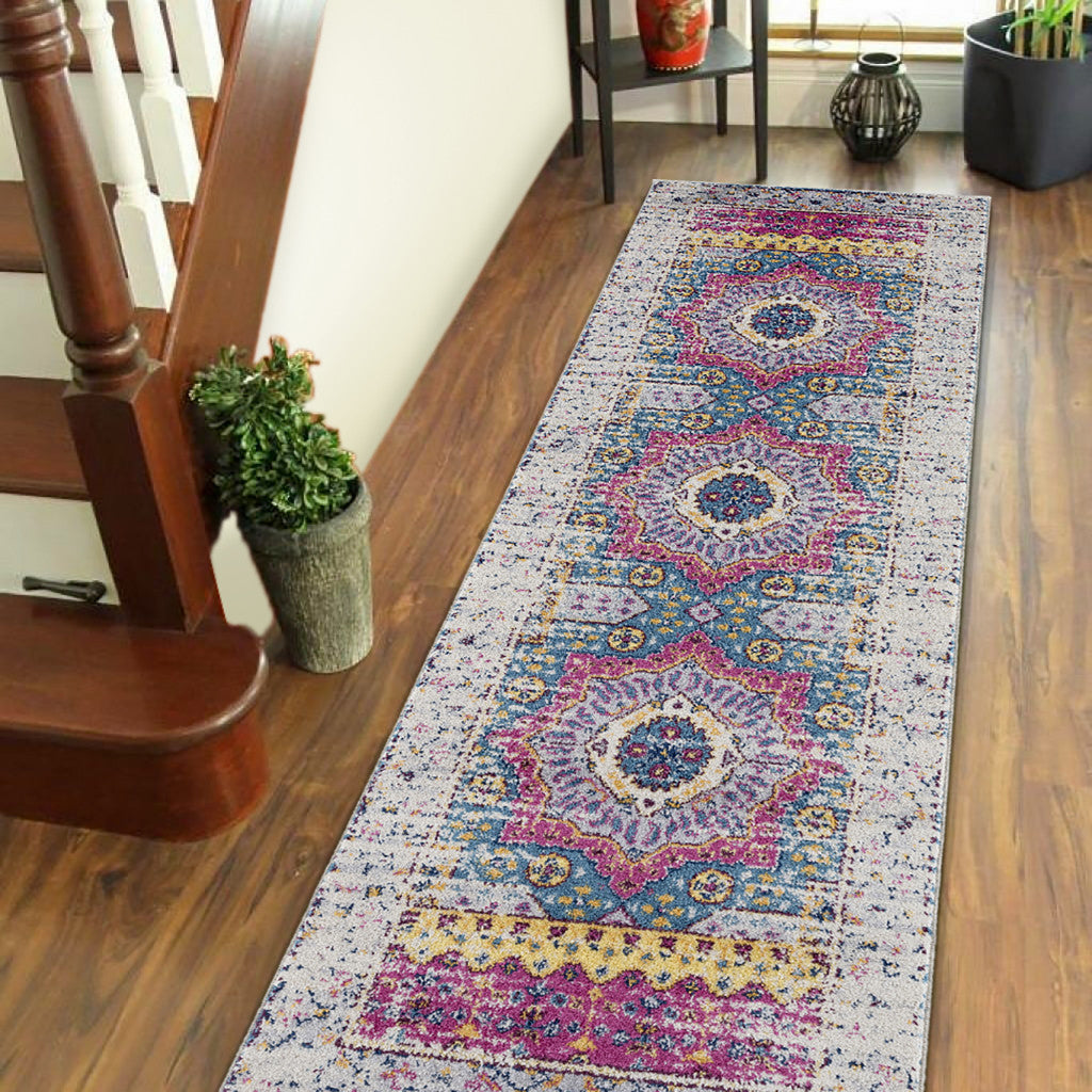 7' Pink and Ivory Medallion Power Loom Runner Rug