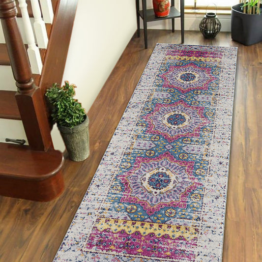 7' Pink and Ivory Medallion Power Loom Runner Rug