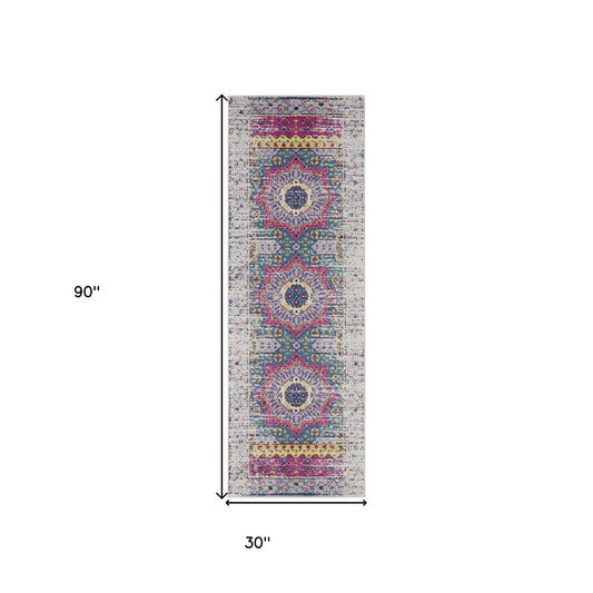 7' Pink and Ivory Medallion Power Loom Runner Rug