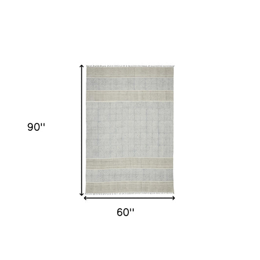 5' x 7' Blue Oriental Flatweave Handmade Distressed Area Rug With Fringe